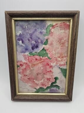 Original Watercolor Painting Pink Purple Flowers Peonies Framed 6x8" Floral Art
